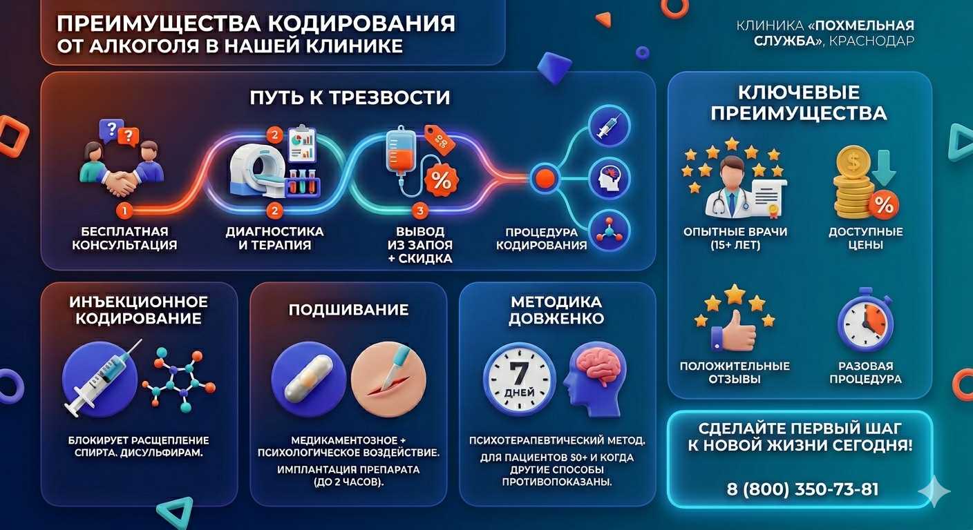 Инфографика о методах кодирования от алкоголя в Языково: инъекции, подшивание, метод Довженко. Преимущества клиники и этапы лечения.