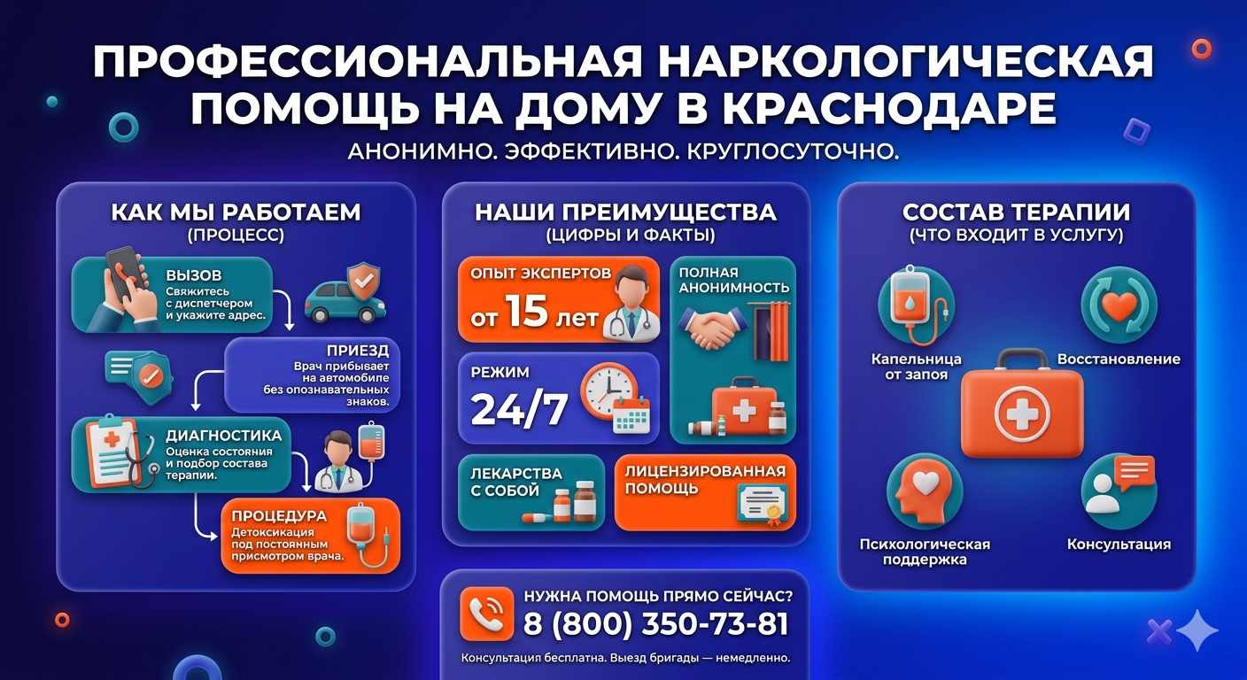 Инфографика о принципах лечения алкоголизма на дому в Языково: этапы вызова нарколога, преимущества анонимной детоксикации и состав медицинской помощи.